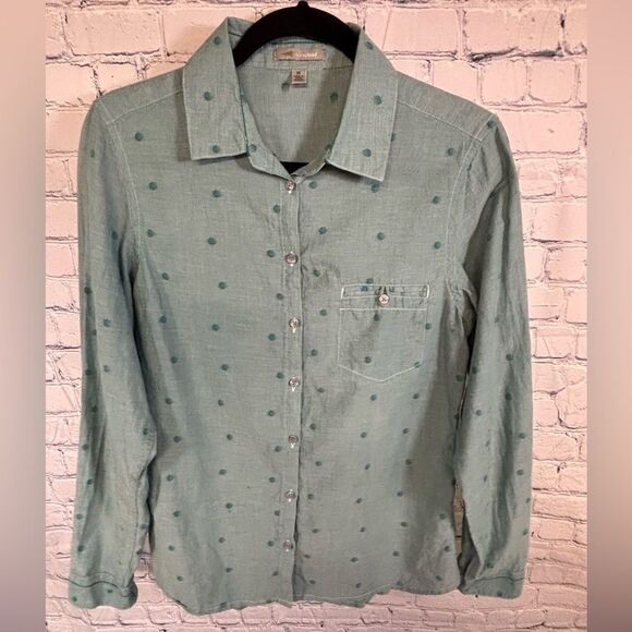 Horny Toad Button Up Shirt Green Polka Dots Organic Cotton Preppy Roxann Shirt M - Picture 1 of 10